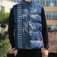 Blue Hibiscus Turle Sleeveless Puffer Jacket Hawaiian Style Tribal Tapa Pattern - Polynesian Pride