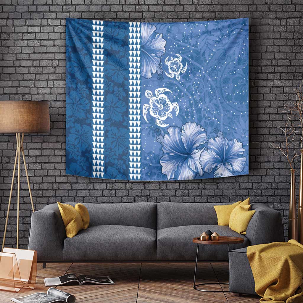 Blue Hibiscus Turle Tapestry Hawaiian Style Tribal Tapa Pattern