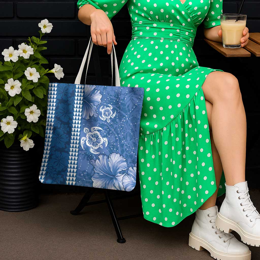 Blue Hibiscus Turle Tote Bag Hawaiian Style Tribal Tapa Pattern - Polynesian Pride