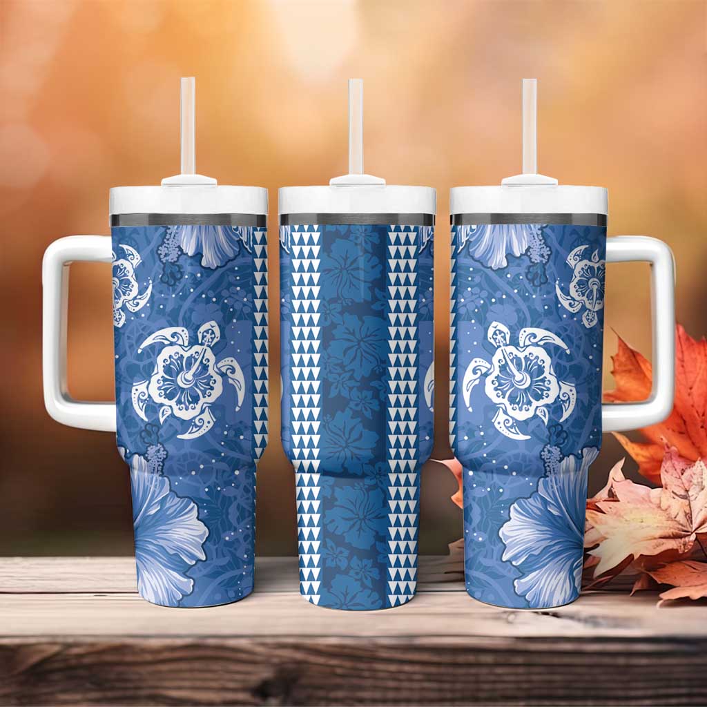 Blue Hibiscus Turle Tumbler With Handle Hawaiian Style Tribal Tapa Pattern