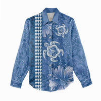 Blue Hibiscus Turle Women Casual Shirt Hawaiian Style Tribal Tapa Pattern