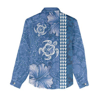 Blue Hibiscus Turle Women Casual Shirt Hawaiian Style Tribal Tapa Pattern