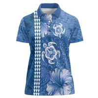 Blue Hibiscus Turle Women Polo Shirt Hawaiian Style Tribal Tapa Pattern
