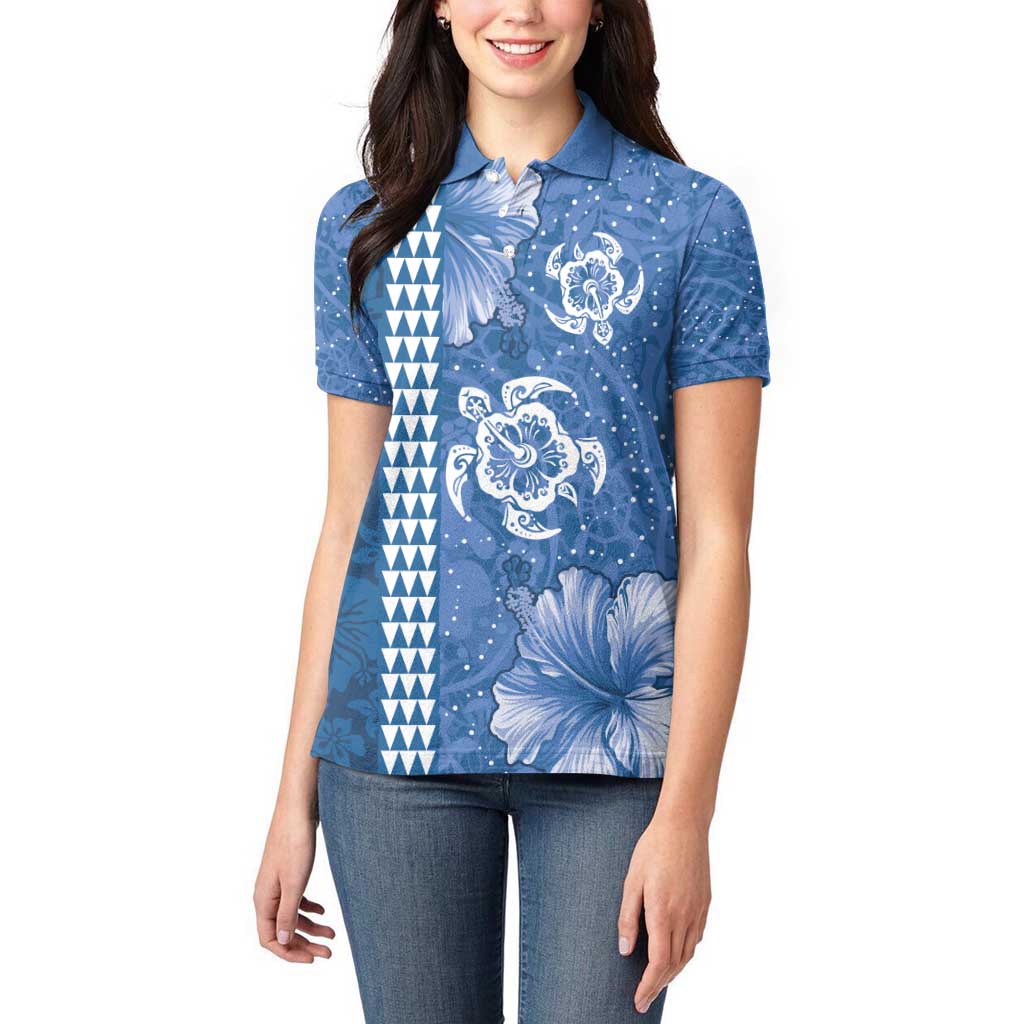 Blue Hibiscus Turle Women Polo Shirt Hawaiian Style Tribal Tapa Pattern