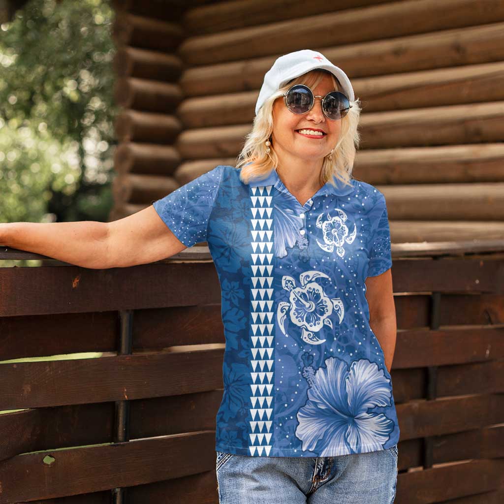 Blue Hibiscus Turle Women Polo Shirt Hawaiian Style Tribal Tapa Pattern