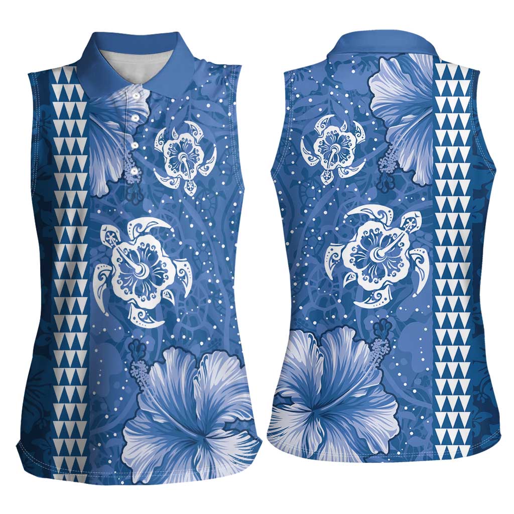 Blue Hibiscus Turle Women Sleeveless Polo Shirt Hawaiian Style Tribal Tapa Pattern