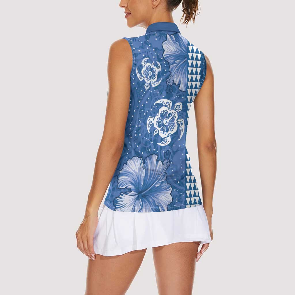 Blue Hibiscus Turle Women Sleeveless Polo Shirt Hawaiian Style Tribal Tapa Pattern