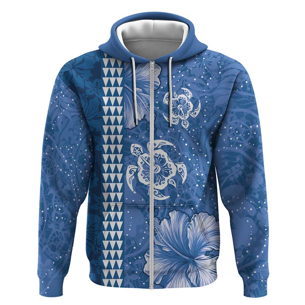 Blue Hibiscus Turle Zip Hoodie Hawaiian Style Tribal Tapa Pattern