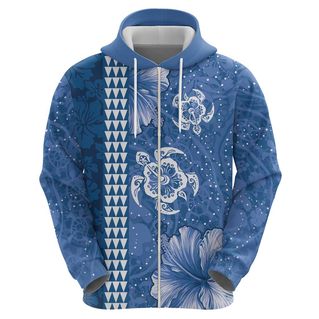 Blue Hibiscus Turle Zip Hoodie Hawaiian Style Tribal Tapa Pattern