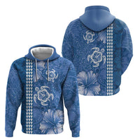 Blue Hibiscus Turle Zip Hoodie Hawaiian Style Tribal Tapa Pattern