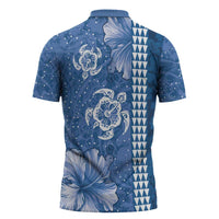 Blue Hibiscus Turle Zipper Polo Shirt Hawaiian Style Tribal Tapa Pattern - Polynesian Pride