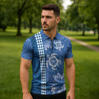 Blue Hibiscus Turle Zipper Polo Shirt Hawaiian Style Tribal Tapa Pattern - Polynesian Pride
