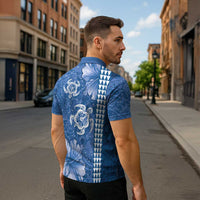 Blue Hibiscus Turle Zipper Polo Shirt Hawaiian Style Tribal Tapa Pattern - Polynesian Pride