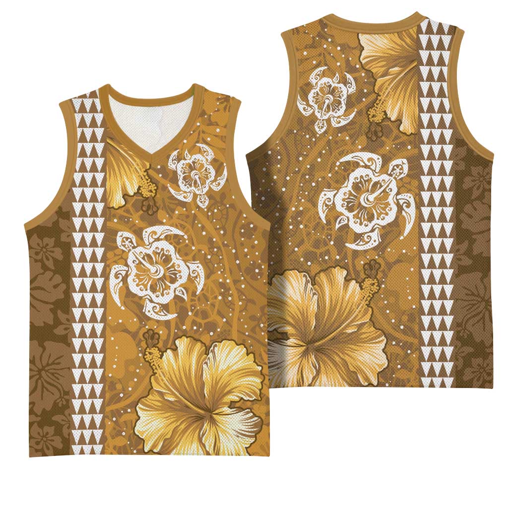 Gold Hibiscus Turle Basketball Jersey Hawaiian Style Tribal Tapa Pattern - Polynesian Pride