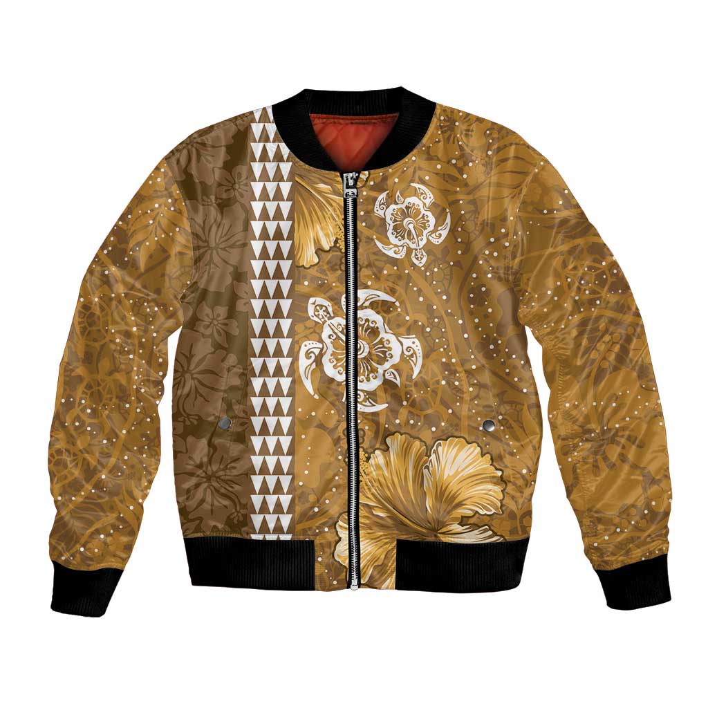 Gold Hibiscus Turle Bomber Jacket Hawaiian Style Tribal Tapa Pattern