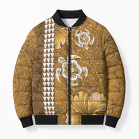 Gold Hibiscus Turle Bomber Puffer Jacket Hawaiian Style Tribal Tapa Pattern - Polynesian Pride