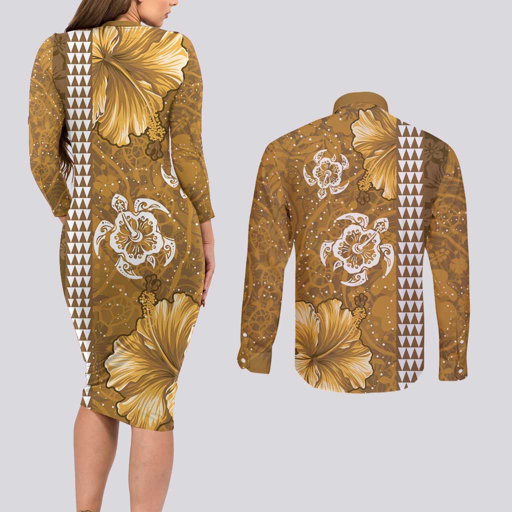 Gold Hibiscus Turle Couples Matching Long Sleeve Bodycon Dress and Long Sleeve Button Shirt Hawaiian Style Tribal Tapa Pattern