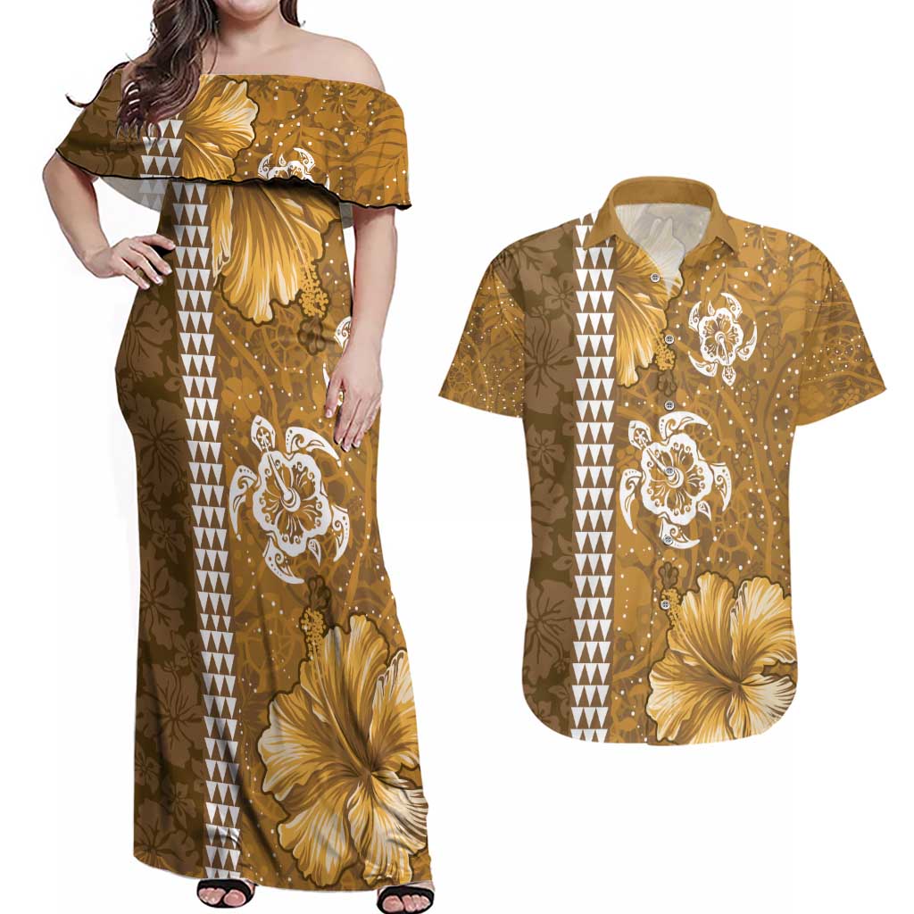 Gold Hibiscus Turle Couples Matching Off Shoulder Maxi Dress and Hawaiian Shirt Hawaiian Style Tribal Tapa Pattern LT9 Gold - Polynesian Pride