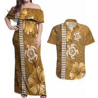 Gold Hibiscus Turle Couples Matching Off Shoulder Maxi Dress and Hawaiian Shirt Hawaiian Style Tribal Tapa Pattern LT9 Gold - Polynesian Pride
