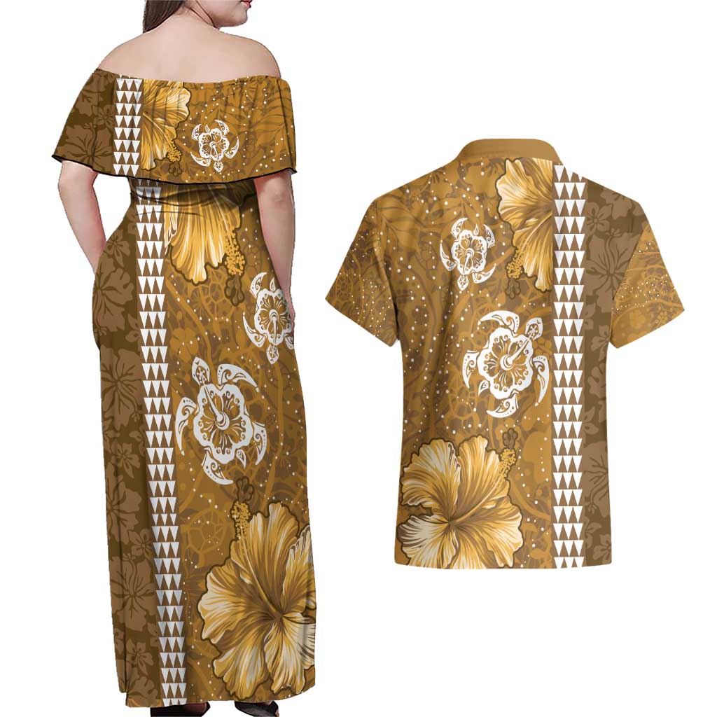 Gold Hibiscus Turle Couples Matching Off Shoulder Maxi Dress and Hawaiian Shirt Hawaiian Style Tribal Tapa Pattern LT9 - Polynesian Pride