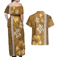 Gold Hibiscus Turle Couples Matching Off Shoulder Maxi Dress and Hawaiian Shirt Hawaiian Style Tribal Tapa Pattern LT9 - Polynesian Pride