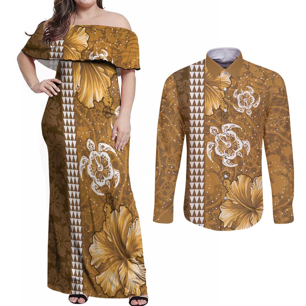 Gold Hibiscus Turle Couples Matching Off Shoulder Maxi Dress and Long Sleeve Button Shirt Hawaiian Style Tribal Tapa Pattern LT9 Gold - Polynesian Pride