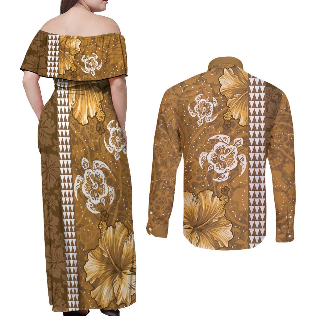 Gold Hibiscus Turle Couples Matching Off Shoulder Maxi Dress and Long Sleeve Button Shirt Hawaiian Style Tribal Tapa Pattern LT9 - Polynesian Pride