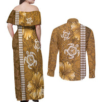 Gold Hibiscus Turle Couples Matching Off Shoulder Maxi Dress and Long Sleeve Button Shirt Hawaiian Style Tribal Tapa Pattern LT9 - Polynesian Pride