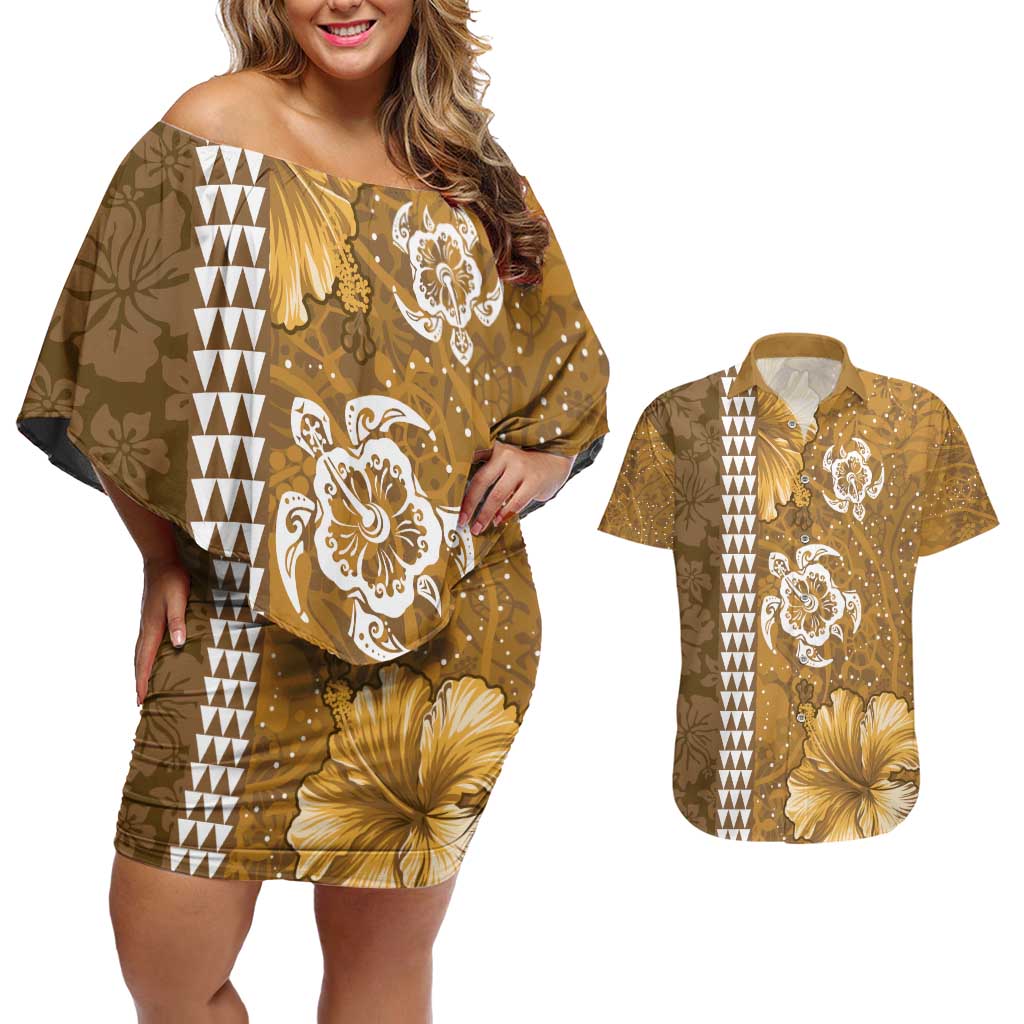 Gold Hibiscus Turle Couples Matching Off Shoulder Short Dress and Hawaiian Shirt Hawaiian Style Tribal Tapa Pattern LT9 Gold - Polynesian Pride