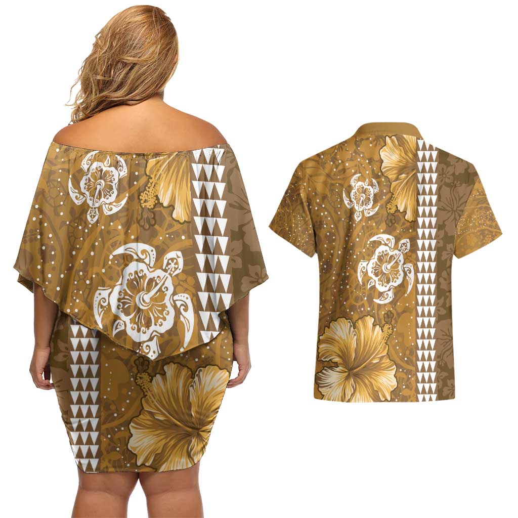 Gold Hibiscus Turle Couples Matching Off Shoulder Short Dress and Hawaiian Shirt Hawaiian Style Tribal Tapa Pattern LT9 - Polynesian Pride