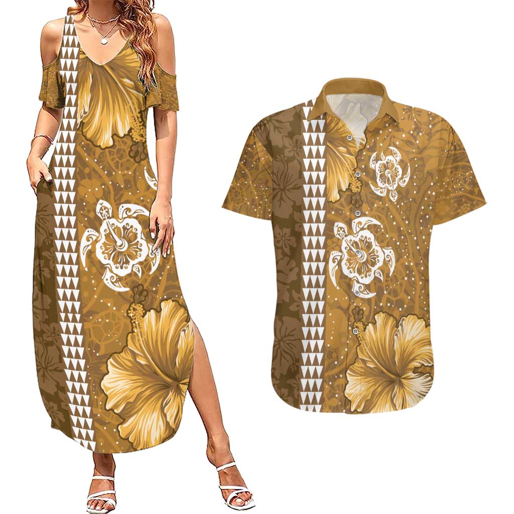 Gold Hibiscus Turle Couples Matching Summer Maxi Dress and Hawaiian Shirt Hawaiian Style Tribal Tapa Pattern LT9 Gold - Polynesian Pride
