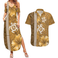 Gold Hibiscus Turle Couples Matching Summer Maxi Dress and Hawaiian Shirt Hawaiian Style Tribal Tapa Pattern LT9 Gold - Polynesian Pride