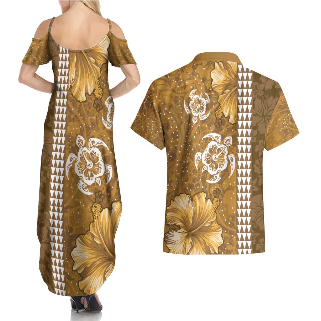 Gold Hibiscus Turle Couples Matching Summer Maxi Dress and Hawaiian Shirt Hawaiian Style Tribal Tapa Pattern LT9 - Polynesian Pride