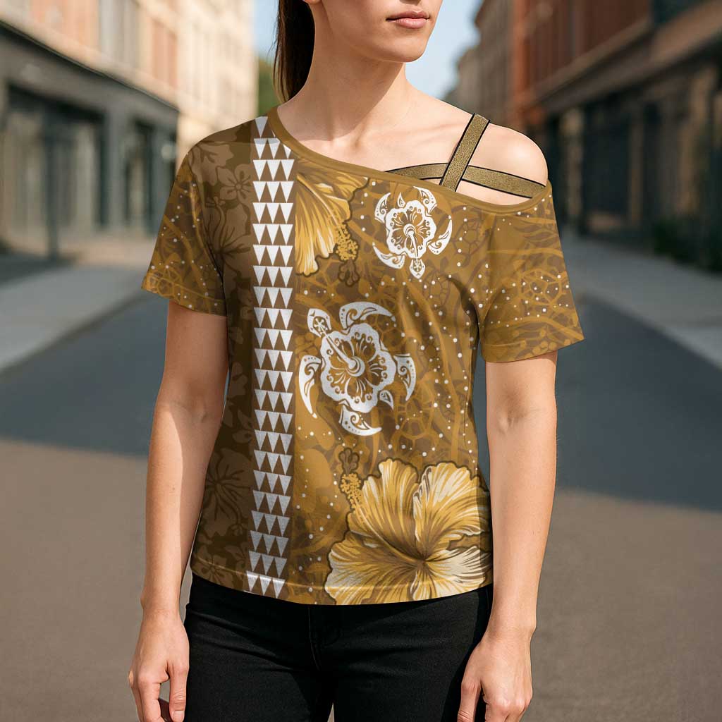 Gold Hibiscus Turle Cross Shoulder Shirt Hawaiian Style Tribal Tapa Pattern - Polynesian Pride