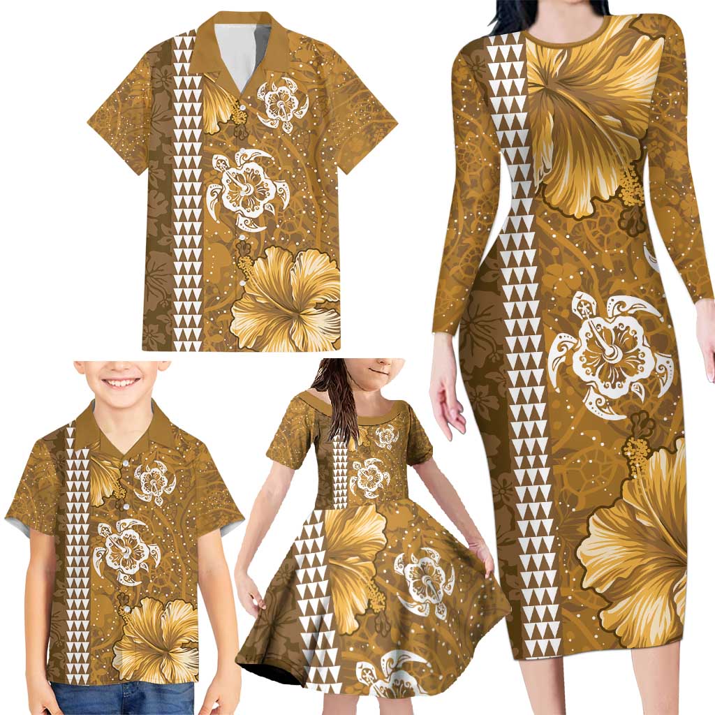 Gold Hibiscus Turle Family Matching Long Sleeve Bodycon Dress and Hawaiian Shirt Hawaiian Style Tribal Tapa Pattern