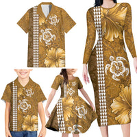 Gold Hibiscus Turle Family Matching Long Sleeve Bodycon Dress and Hawaiian Shirt Hawaiian Style Tribal Tapa Pattern