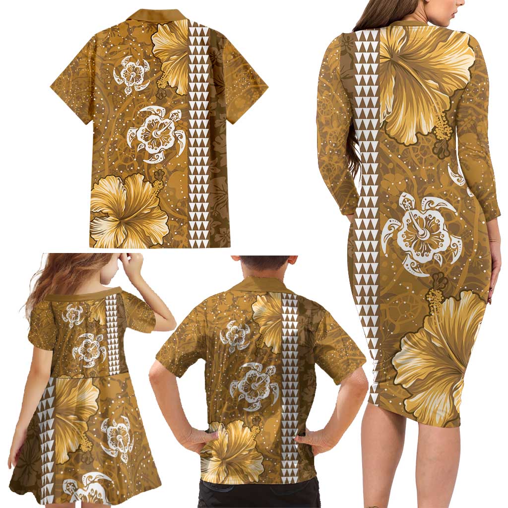 Gold Hibiscus Turle Family Matching Long Sleeve Bodycon Dress and Hawaiian Shirt Hawaiian Style Tribal Tapa Pattern
