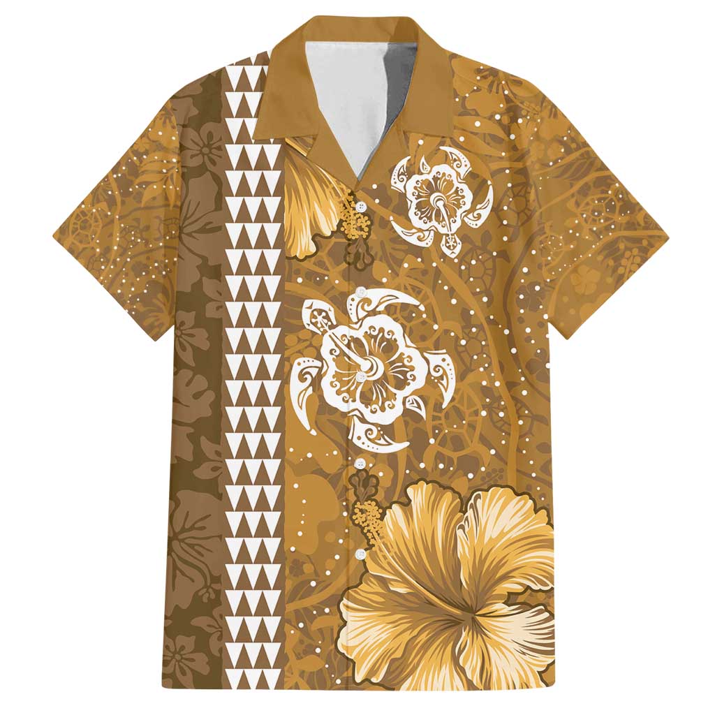 Gold Hibiscus Turle Family Matching Long Sleeve Bodycon Dress and Hawaiian Shirt Hawaiian Style Tribal Tapa Pattern