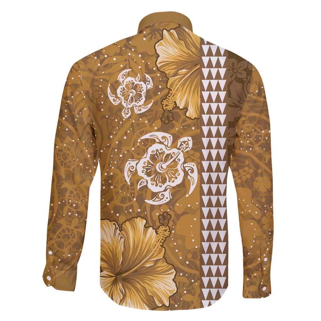 Gold Hibiscus Turle Family Matching Long Sleeve Bodycon Dress and Hawaiian Shirt Hawaiian Style Tribal Tapa Pattern