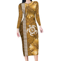 Gold Hibiscus Turle Family Matching Long Sleeve Bodycon Dress and Hawaiian Shirt Hawaiian Style Tribal Tapa Pattern