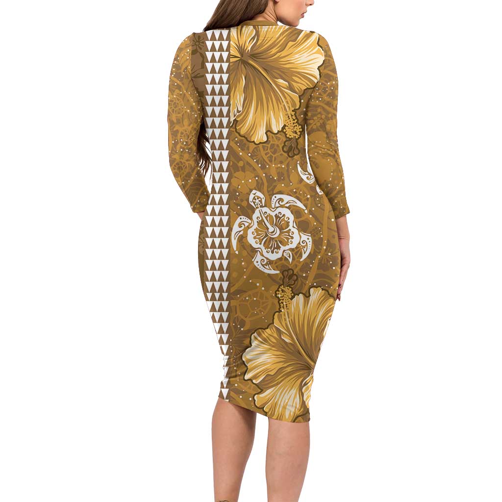 Gold Hibiscus Turle Family Matching Long Sleeve Bodycon Dress and Hawaiian Shirt Hawaiian Style Tribal Tapa Pattern