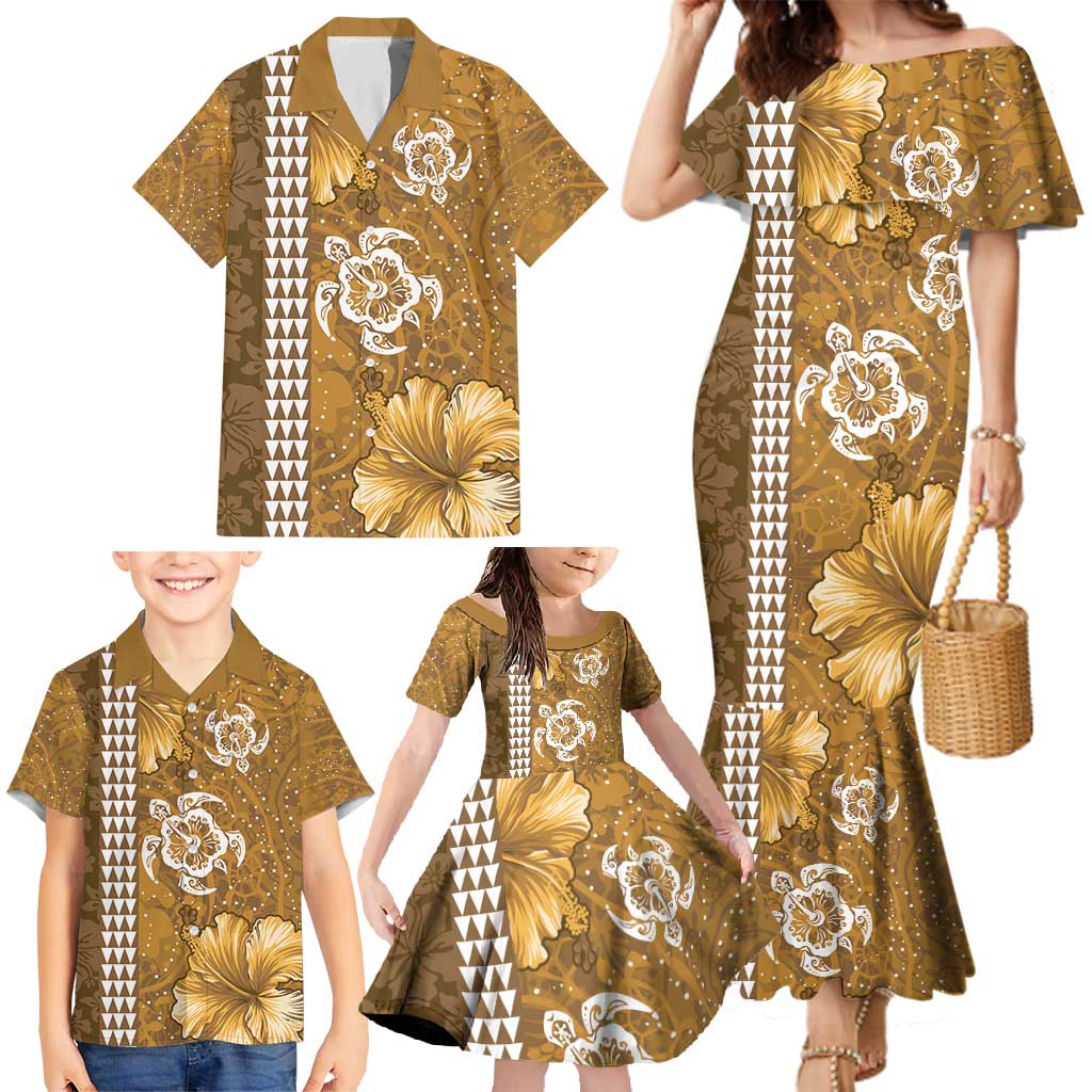 Gold Hibiscus Turle Family Matching Mermaid Dress and Hawaiian Shirt Hawaiian Style Tribal Tapa Pattern