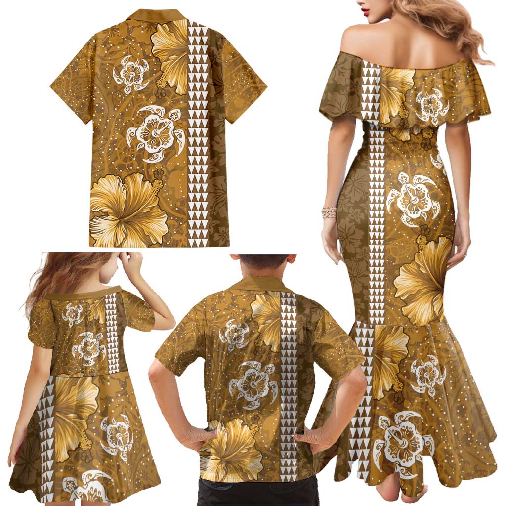 Gold Hibiscus Turle Family Matching Mermaid Dress and Hawaiian Shirt Hawaiian Style Tribal Tapa Pattern