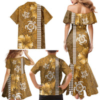 Gold Hibiscus Turle Family Matching Mermaid Dress and Hawaiian Shirt Hawaiian Style Tribal Tapa Pattern