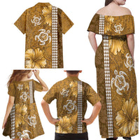 Gold Hibiscus Turle Family Matching Off Shoulder Maxi Dress and Hawaiian Shirt Hawaiian Style Tribal Tapa Pattern