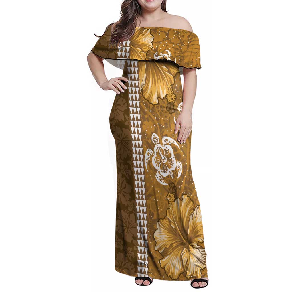 Gold Hibiscus Turle Family Matching Off Shoulder Maxi Dress and Hawaiian Shirt Hawaiian Style Tribal Tapa Pattern
