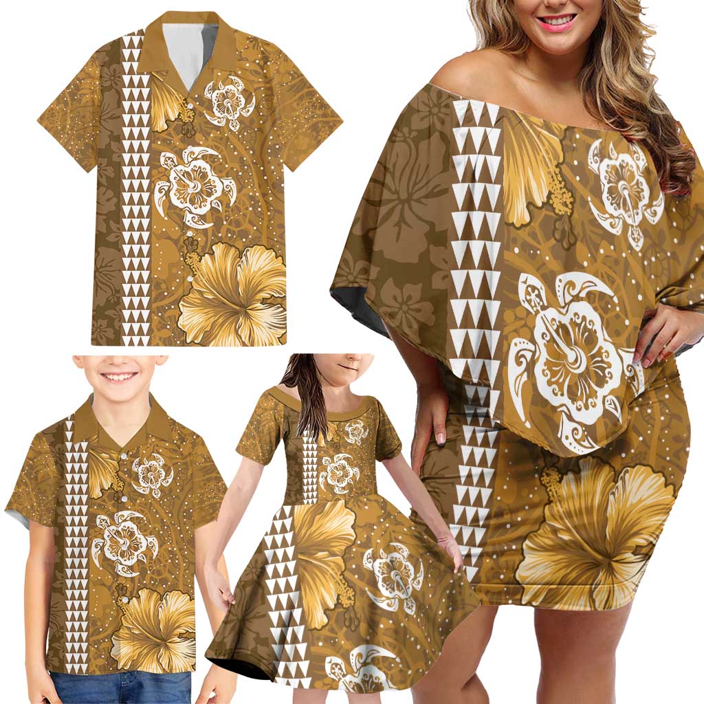 Gold Hibiscus Turle Family Matching Off Shoulder Short Dress and Hawaiian Shirt Hawaiian Style Tribal Tapa Pattern
