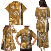 Gold Hibiscus Turle Family Matching Puletasi and Hawaiian Shirt Hawaiian Style Tribal Tapa Pattern