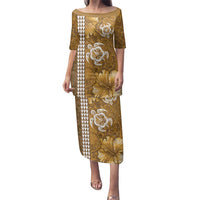 Gold Hibiscus Turle Family Matching Puletasi and Hawaiian Shirt Hawaiian Style Tribal Tapa Pattern