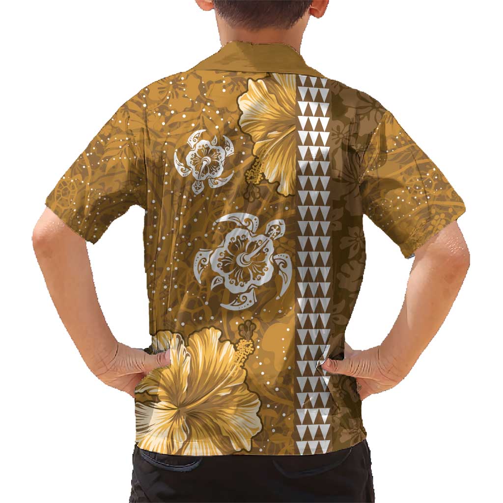 Gold Hibiscus Turle Family Matching Short Sleeve Bodycon Dress and Hawaiian Shirt Hawaiian Style Tribal Tapa Pattern